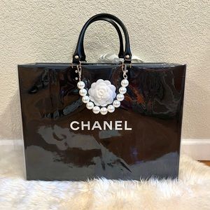Chanel Glossy Black Tote with Pearl Chain